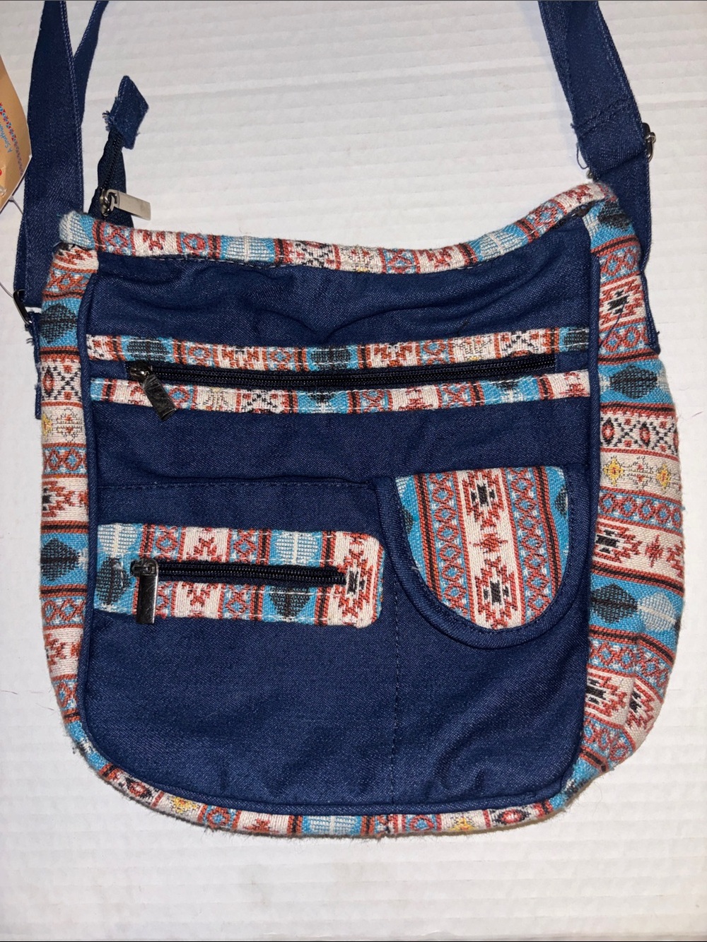 CANYON SKY BLUE DENIM BAG WITH SOUTHWESTERN EMBROIDERY ALONG EDGES MULTICOLORED